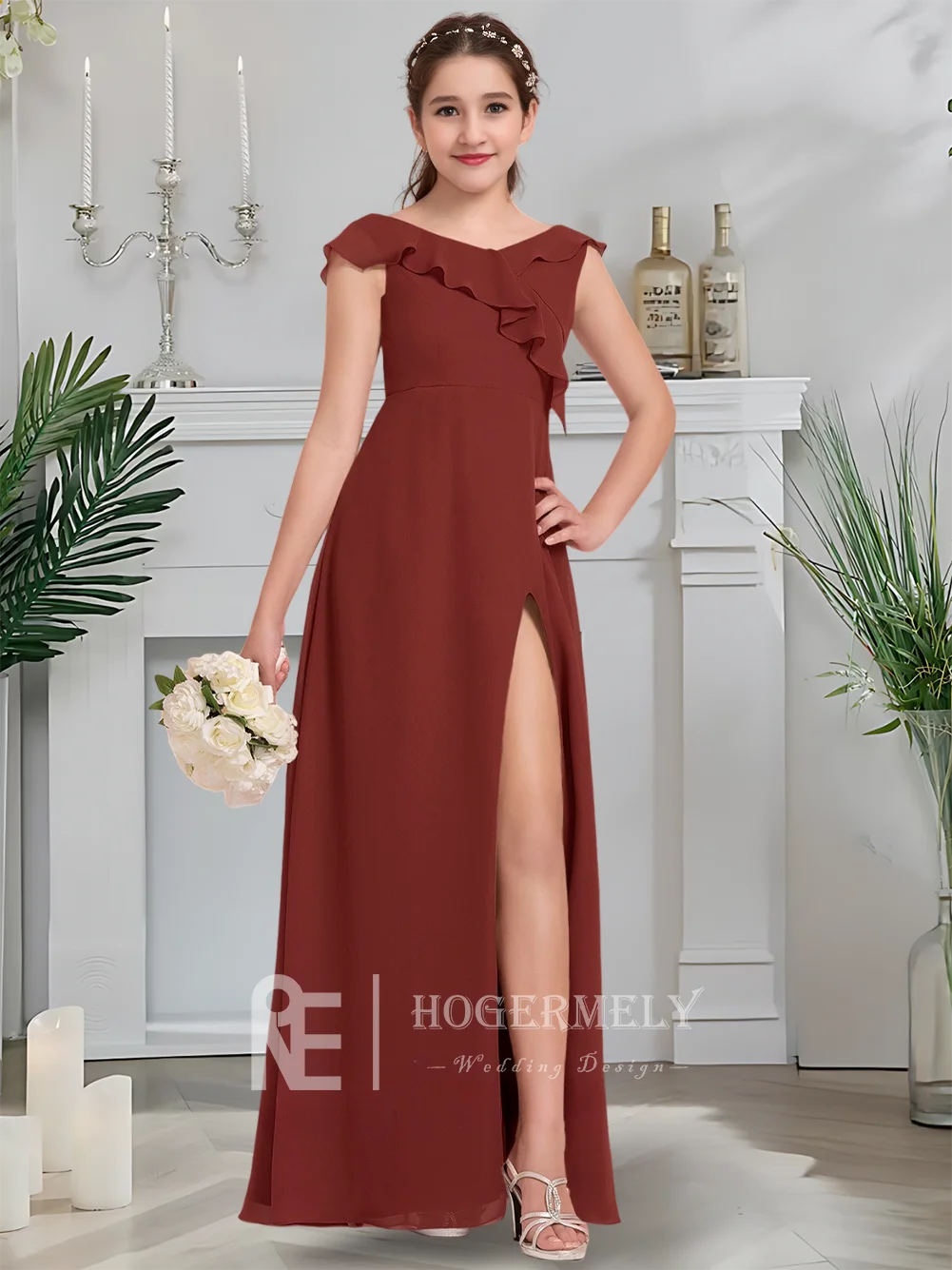 หรูหรา V คอชุดเพื่อนเจ้าสาวจูเนียร์ทับทิมดอกไม้สาวชุดชีฟองยาว Cascading Ruffles งานแต่งงาน