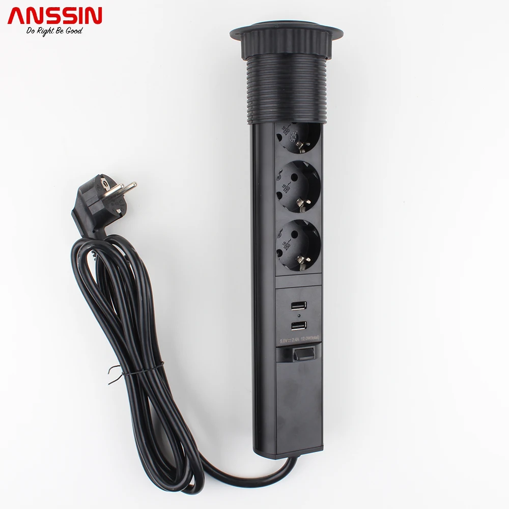 Anssin EU Tower Power, Table Socket Strip 3-Way With 2USB (1.8m Cable, Outlets Fully Retractable On Desk Top) Aluminium/Black