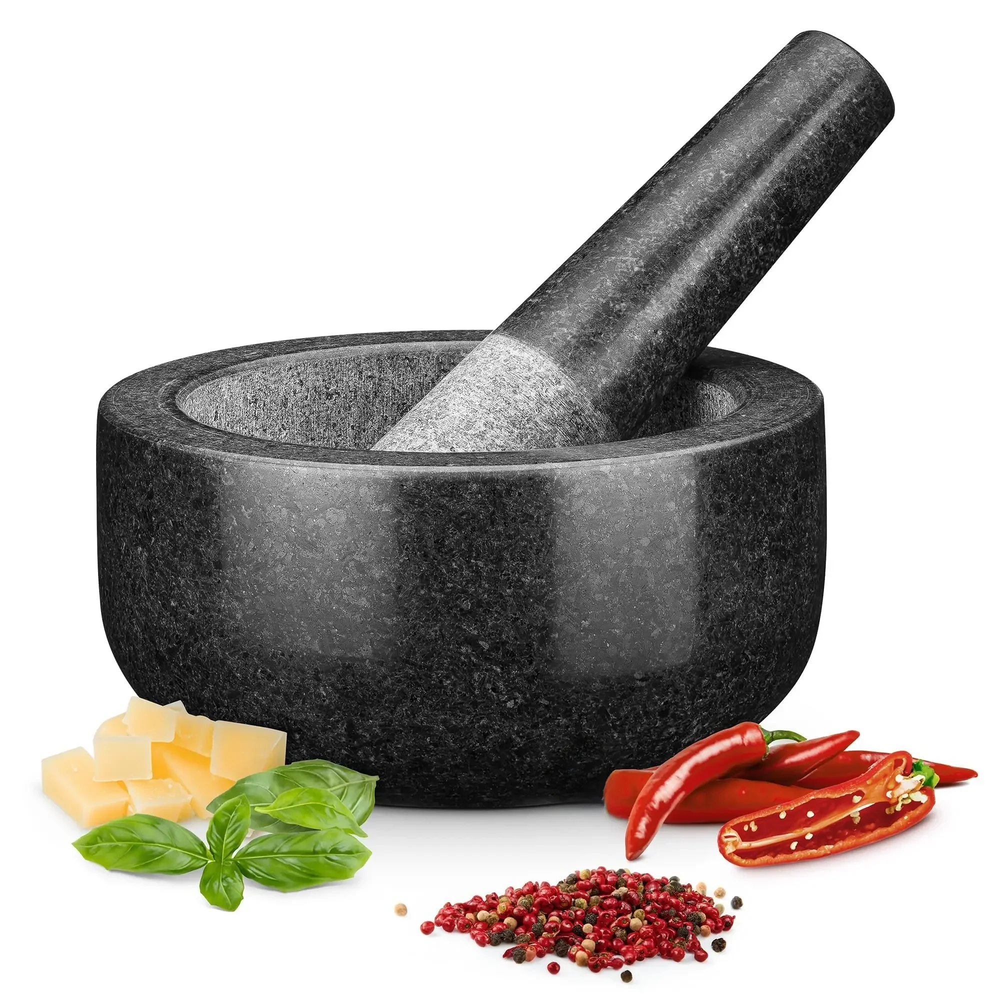 Ensemble de mortier et de pilons, broyeur de pierre de granit solide de qualité supérieure, Base antidérapante de 16cm pour faire de concasser et de purée d'herbes et d'épices Guacamole