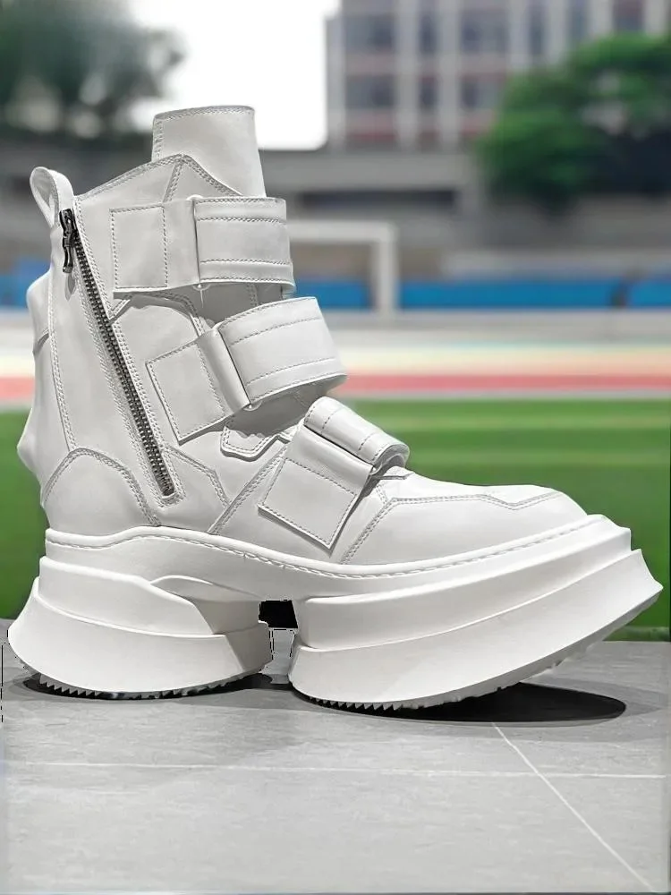 Herren Stiefel Haken Schleife Hip Hop Echtes Leder Plattform High Top Schuhe Rindsleder Runde Kappe Mode Handgemachte Motorrad Kurze Stiefel