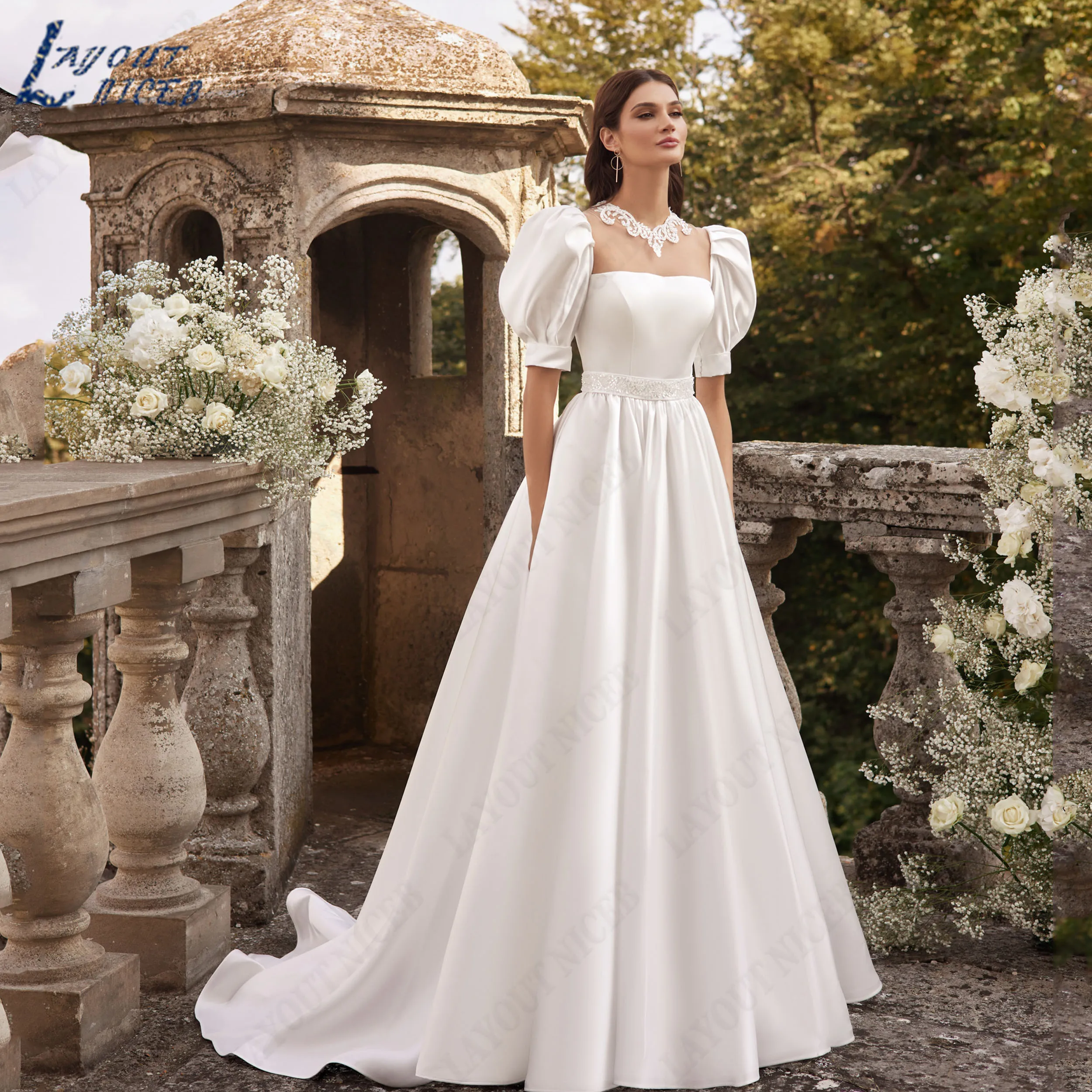 LAYOUT NICEB Customized Puff Short Sleeve Satin Wedding Gown High Neck A Line Bridal Dress For Outdoor Castle Wedding Ceremony