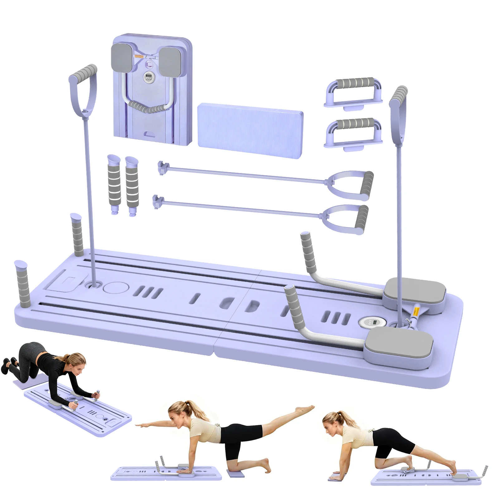 Tabla de Pilates Portátil Multifuncional con Temporizador, Tabla Abdominal, Bandas de Resistencia, Soporte para Ejercicios de Flexiones, Ligera y Plegable