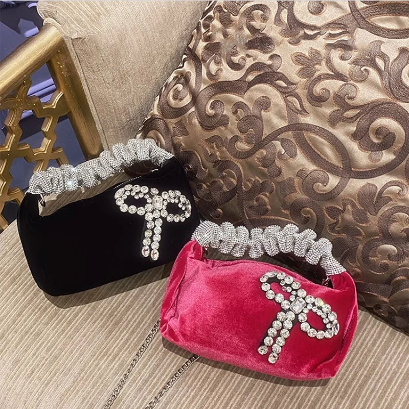 

Bow Rhinestone Sac Suede Pleated Bags Evening Women's Crossbody Bag Banquet Handbag Luxury Soiree Twinkle Pillow Boston Tote