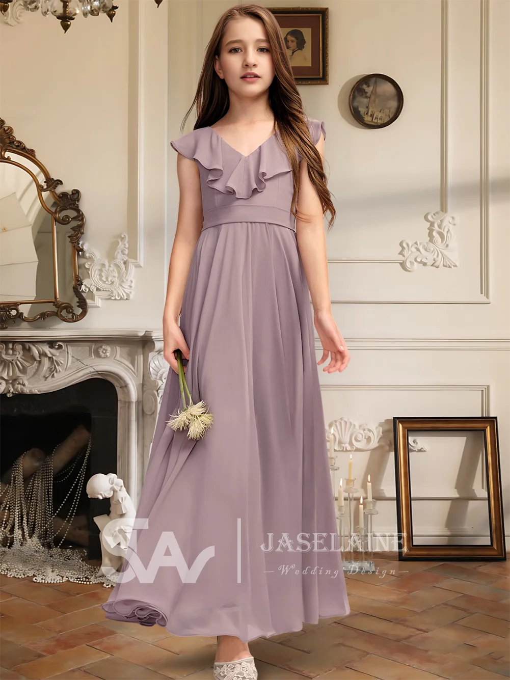 Elegantes A-Linien-Kleid mit V-Ausschnitt und bodenlangem Chiffon für junge Brautjungfern, kaskadierende Rüschen, Blumenmädchenkleid für Mädchen, Party, Hochzeit, formell
