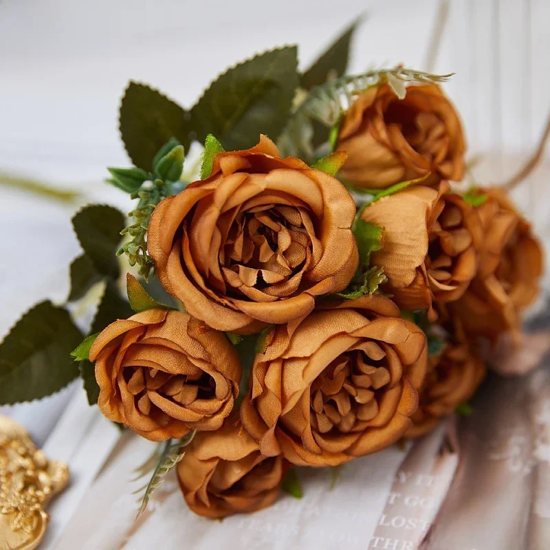 Vintage 8 têtes fleur artificielle soie pivoine doré Rose ornement fausse fleur Table de mariage Bouquet de fête bricolage décor à la maison