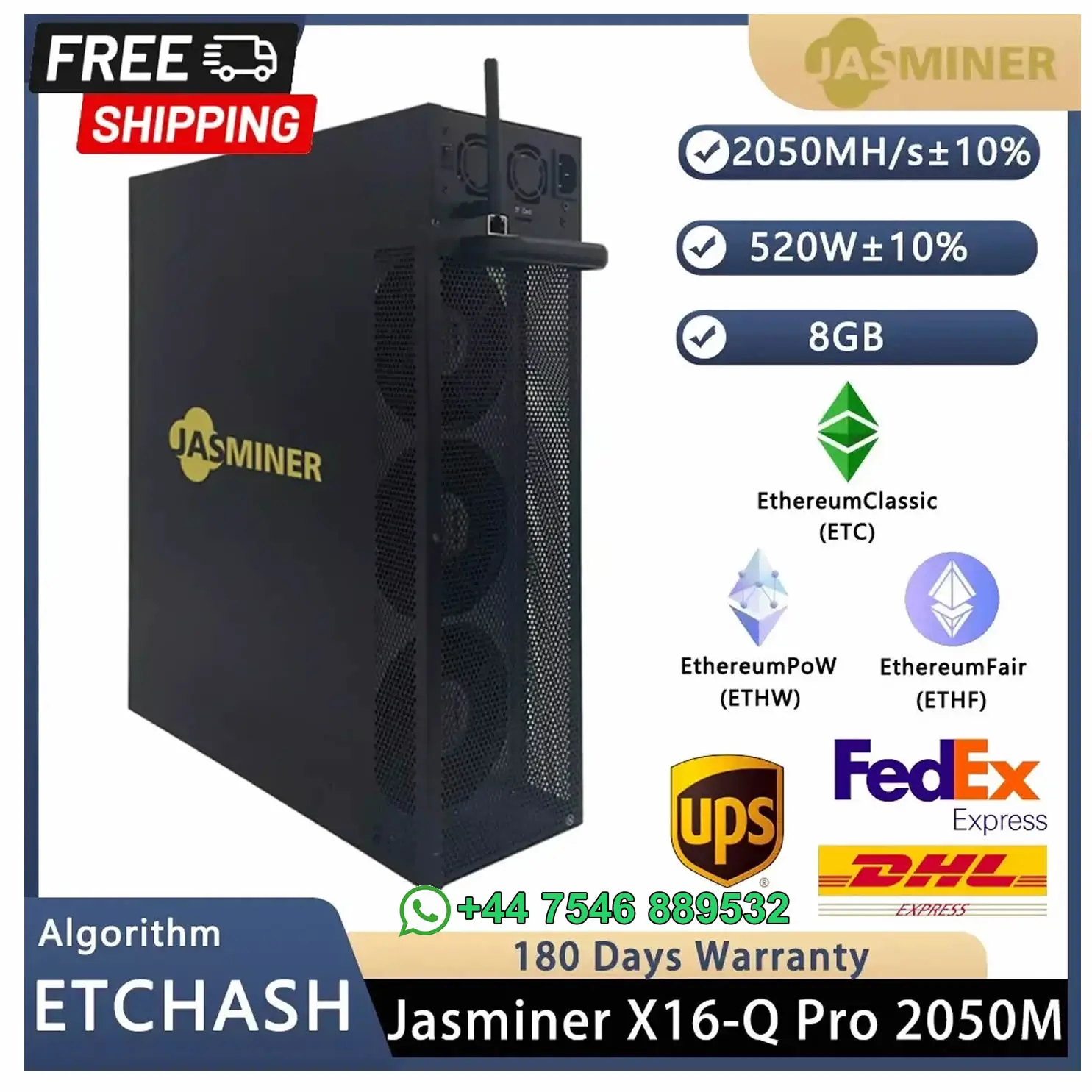 LK مبيعات ساخنة أصلية جديدة JASMINER X16-Q Pro 2050MH 520W 8G ETC OCTA ZIL عامل منجم هادئ WiFi مع PSU جديد