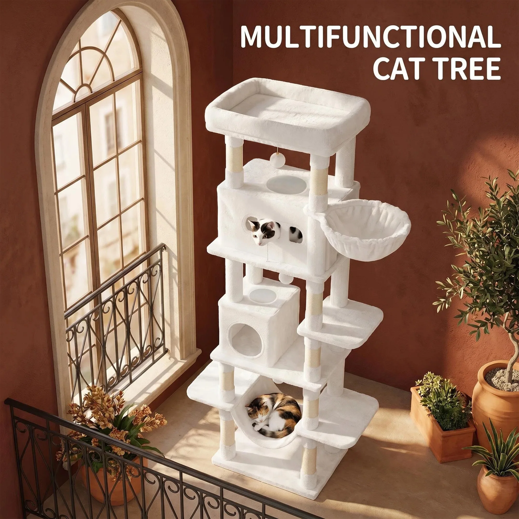 Arbre à chat Hzuaneri pour chats d'intérieur, tour à chat haute de 210 cm, maison à chat multi-niveaux avec condo, 8 poteaux à gratter, hamac, 4 pompons
