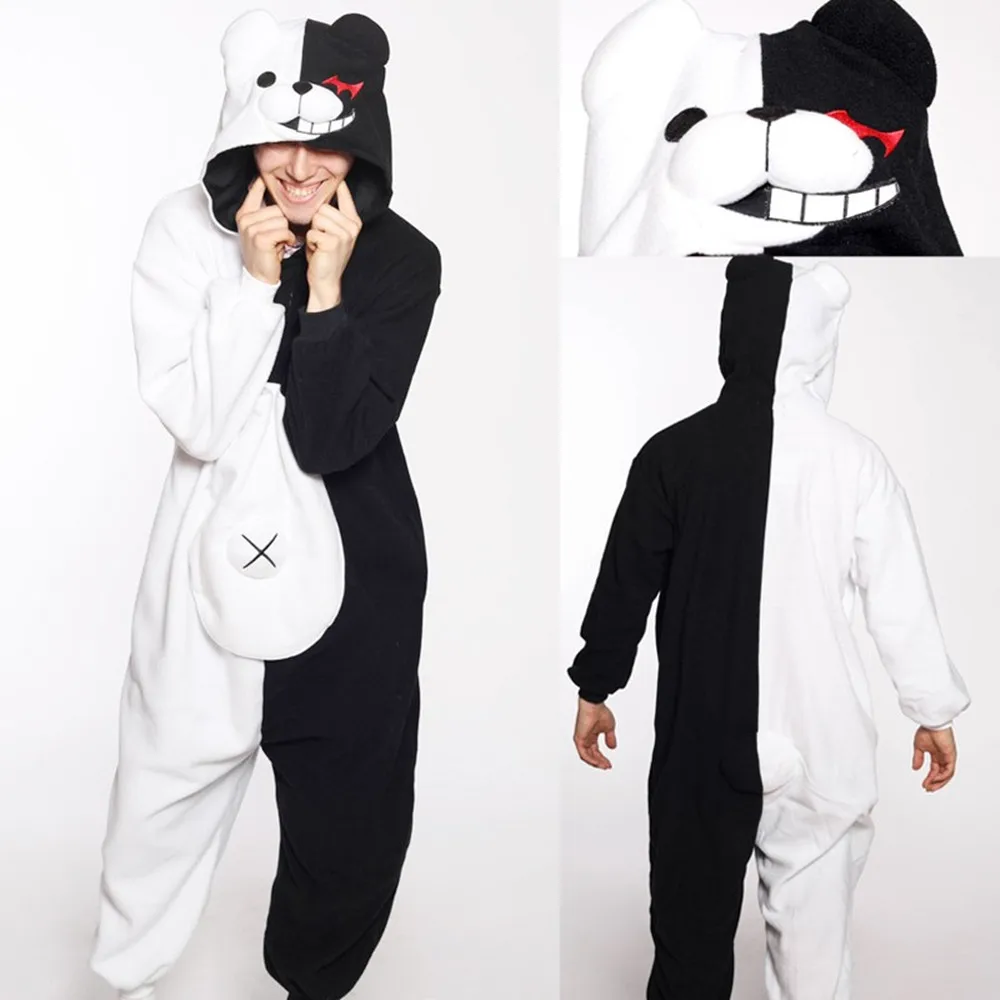 HKSNG Adult Monokuma Bear Onesies Kigurumi Cosplay Costume Anime Pajamas Halloween Party Jumpsuits Pyjamas Suit Homewear