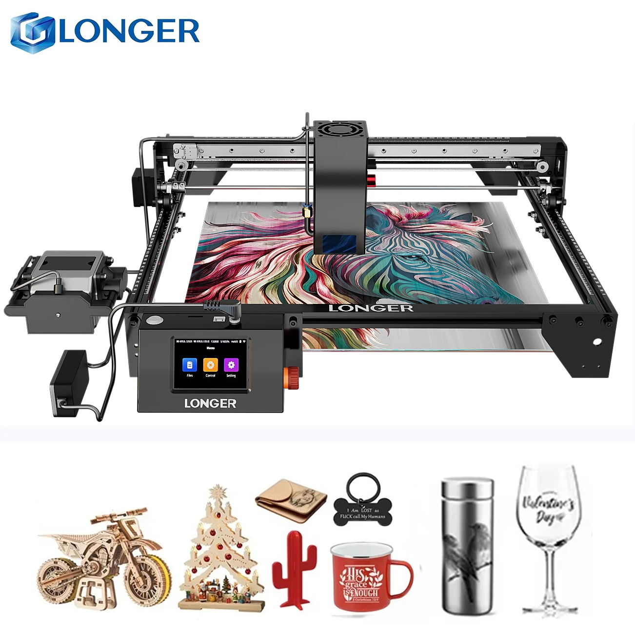 Długa maszyna do grawerowania i cięcia laserowego RAY5 40W ​   Grawerka z automatyczną pompą powietrza, inteligentnym ekranem dotykowym 3,5 cala, WIFI, narzędzia do cięcia, 385*385 mm