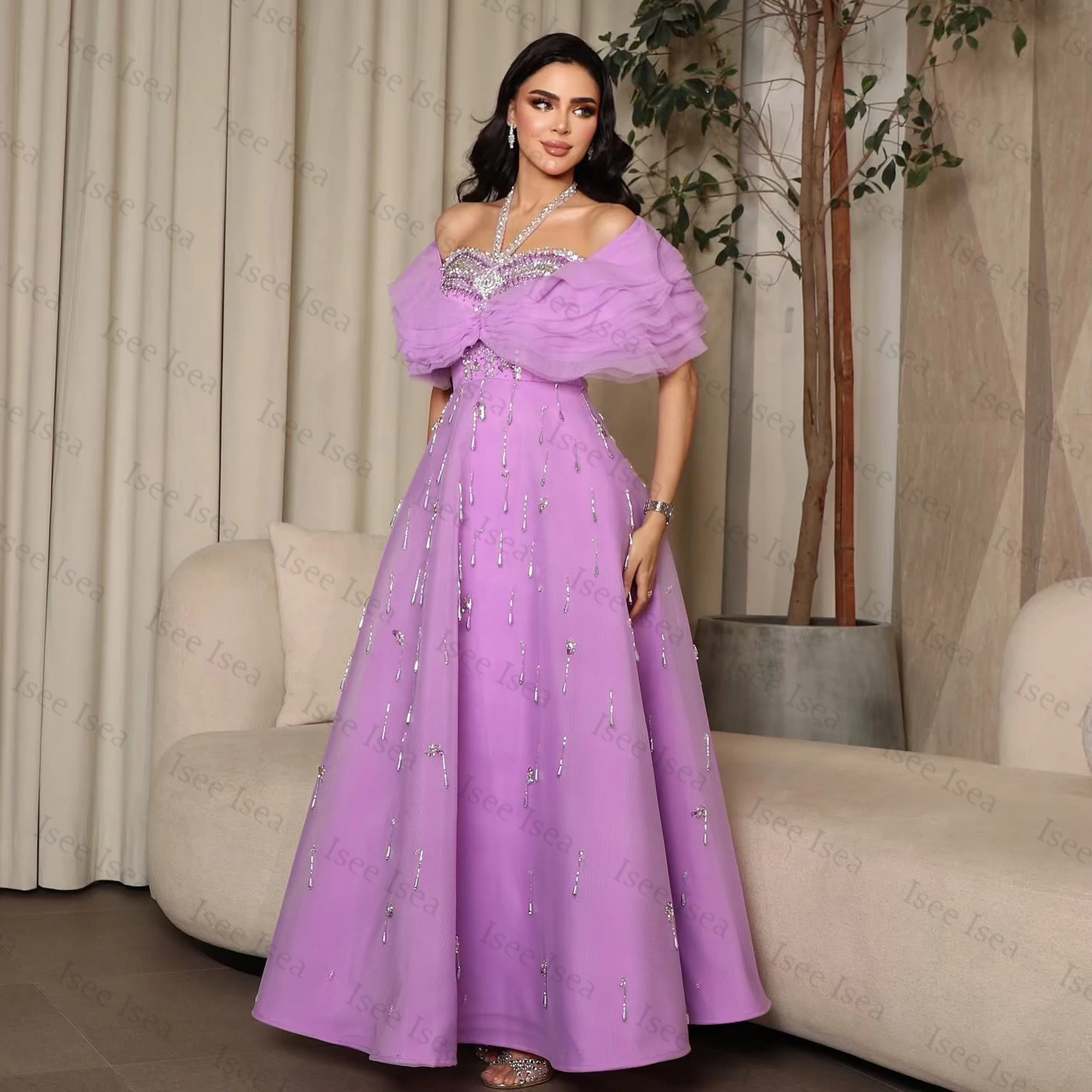 المملكة العربية السعودية كريستال لافندر فساتين السهرة حورية البحر شرابة الديكور فساتين الزفاف قبالة الكتف فستان الحفلة الراقصة ألف خط طول الكاحل