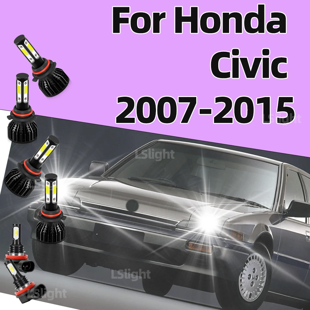 

2/6x For Honda Civic 2007-2015 Car Front Headlights 20000LM 120W Four-Sides High Low Beam Head Lampada 6000K 12V Auto Fog Lights