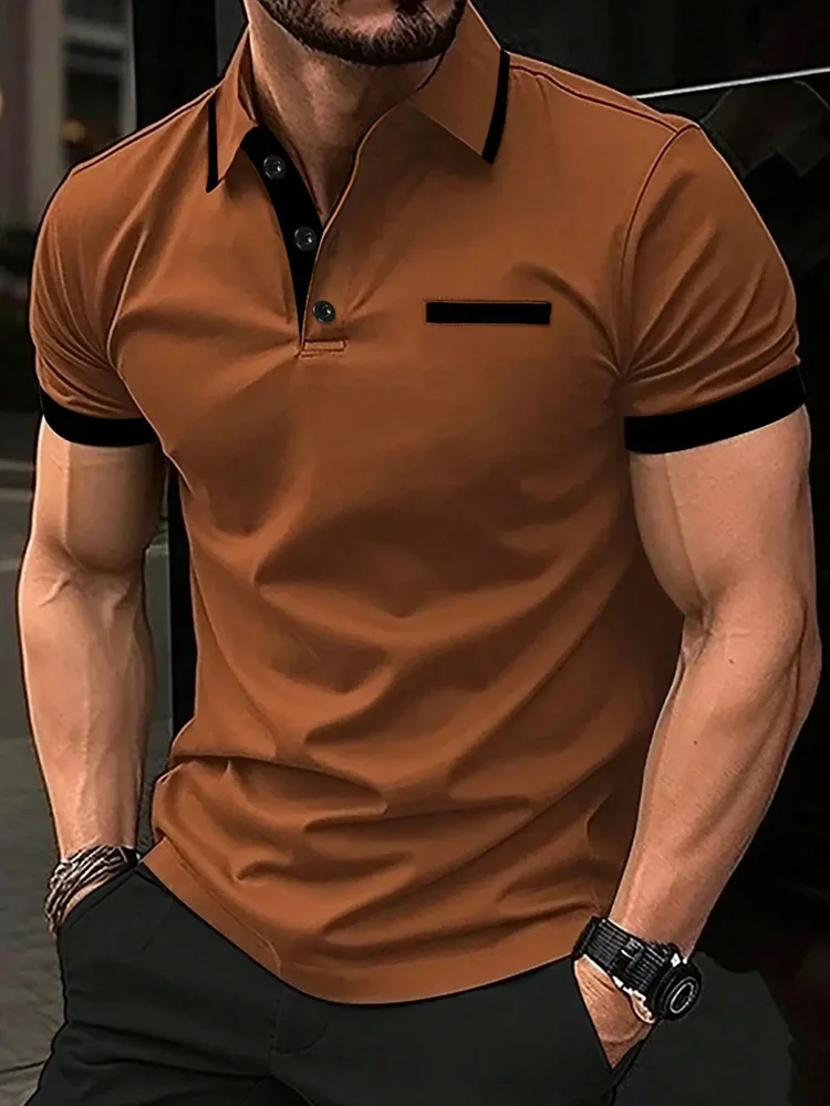 Men's Polo Shirt Fashion Business Casual Crew Neck Short Sleeve Formal Stripes Patchwork Summer Black T Shirt Men's Clothing image 3