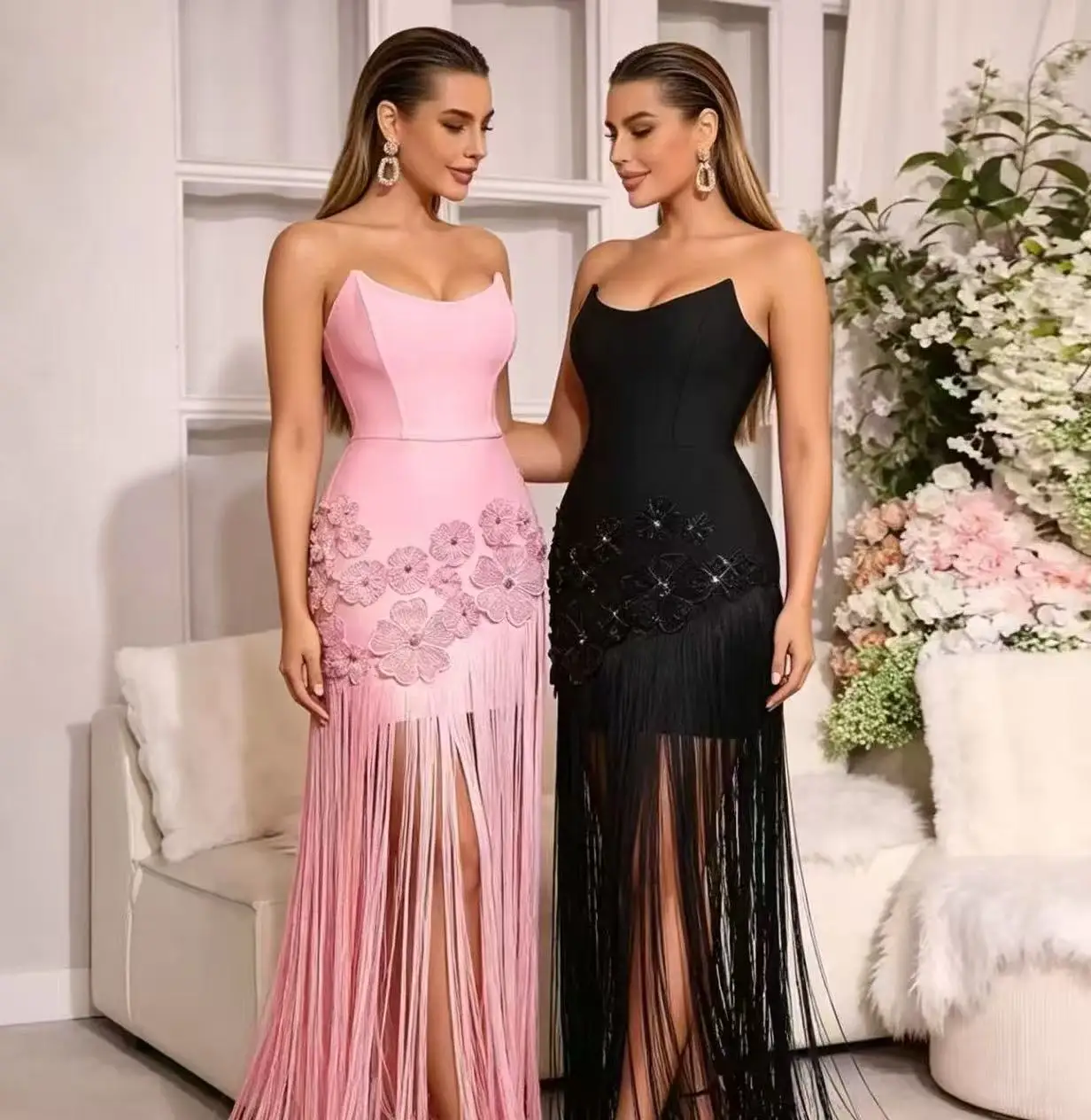 Summer 2026 Women's Pink Sexy One-Shoulder Sleeveless 3D Flower Embellished Tassel Long Wrap Dress Elegant Backless Evening Gown
