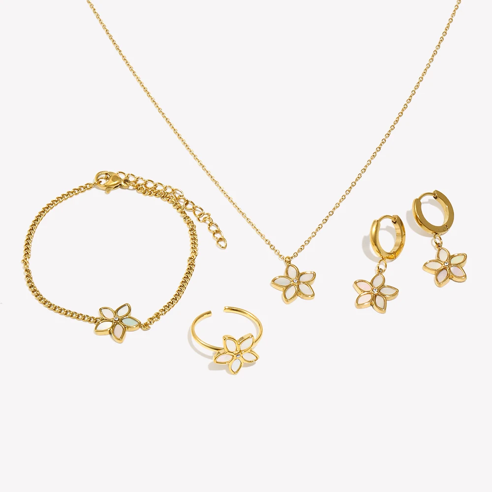E.B.belle Fresh Style Stainless Steel Exquisite White Shell Flower Jewelry Set 18K Gold Plated Earrings Necklace Women Jewelry