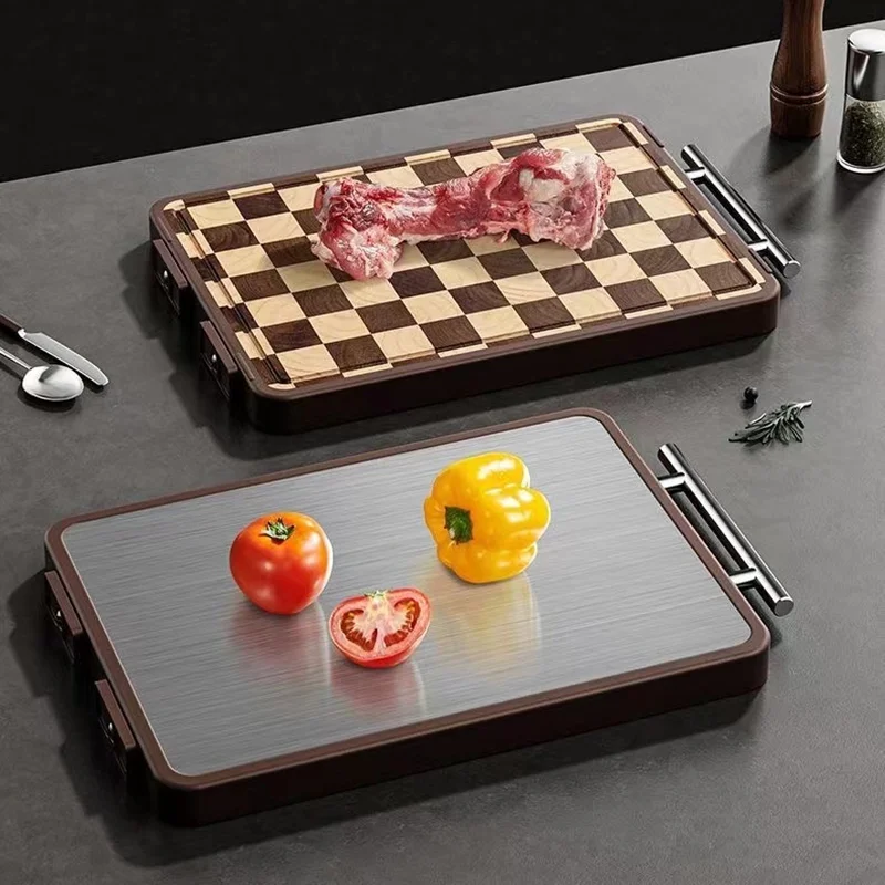 خشب الأبنوس/الفولاذ المقاوم للصدأ لوح تقطيع على الوجهين لوح تقطيع المطبخ من الخشب الصلب المقاوم للعفن، لوح تقطيع الشطرنج #2