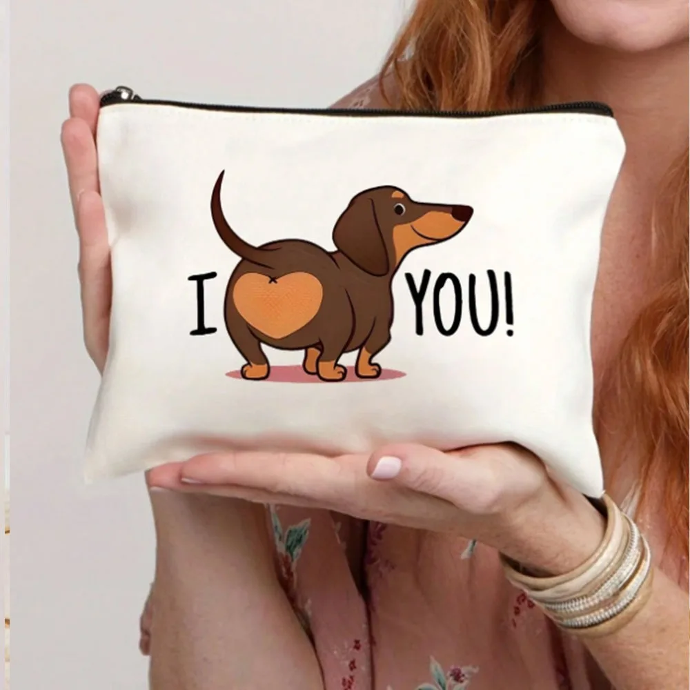 1Pc Dachshund Dog Butt I Love You Retro Design Makeup Bag, Travel Bag, Snack Storage Bag, Stationery Storage Bag, Canvas Double-Sided Printed Bag