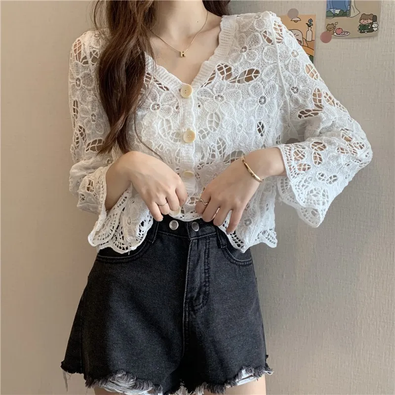 Women Punching Knitted Crop Cardeon Spring Summer Llace Flower-Bown Long-sleeved CD0003