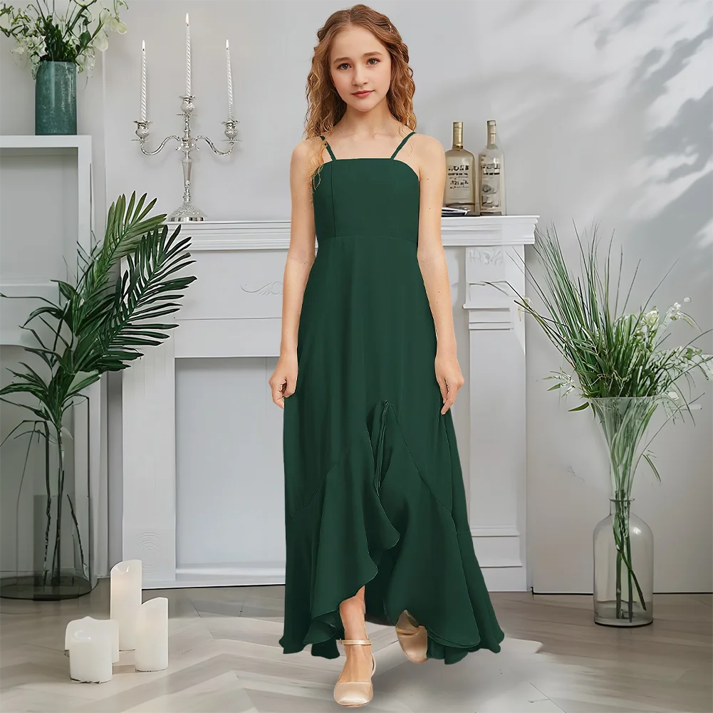 

Designer A-Line Junior Bridesmaid Dress Mint Frost Flower Girl Dress Square Neck Asymmetrical Chiffon Garden Gala Dance Wedding