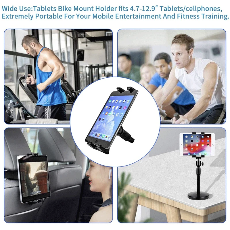 Homhu Bike Tablet Holder Indoor Gym Treadmill Handlebar Clip Tablet Mobile Phone Stand Bracket for iPad Air 10.9 Pro 12.9 Inch