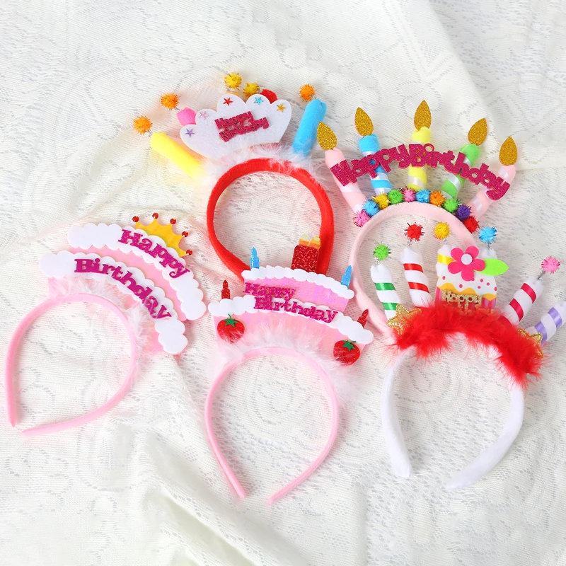 Happy Birthday Cake Candle Sequins Soft Feather Pink White Hairball Headband Hat Caps For Kids Birthday Party Decoration Supplie