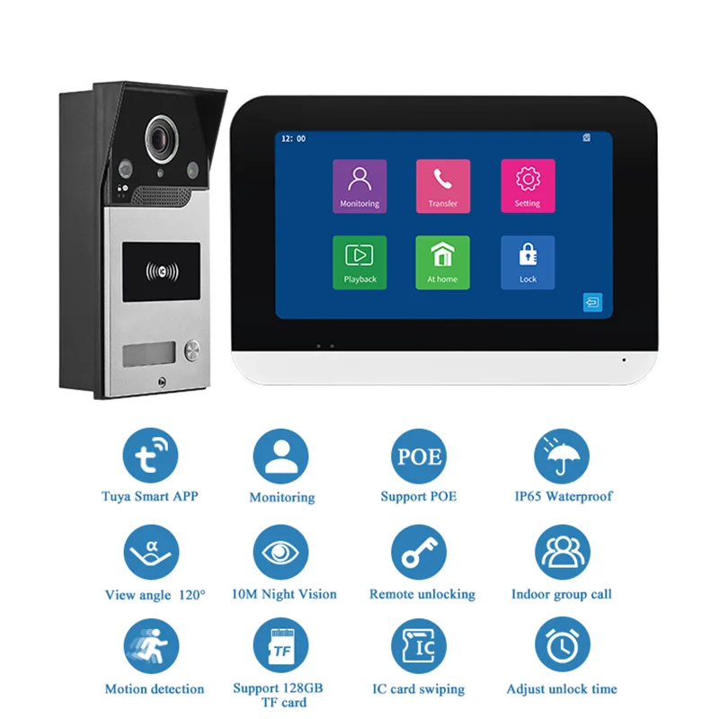 HD1080P Tuya Smart Video Intercom Doorbell IC Card Swipe Night Vision Rainproof 7-Inch Digital WiFi Video Doorbell Touch Screen