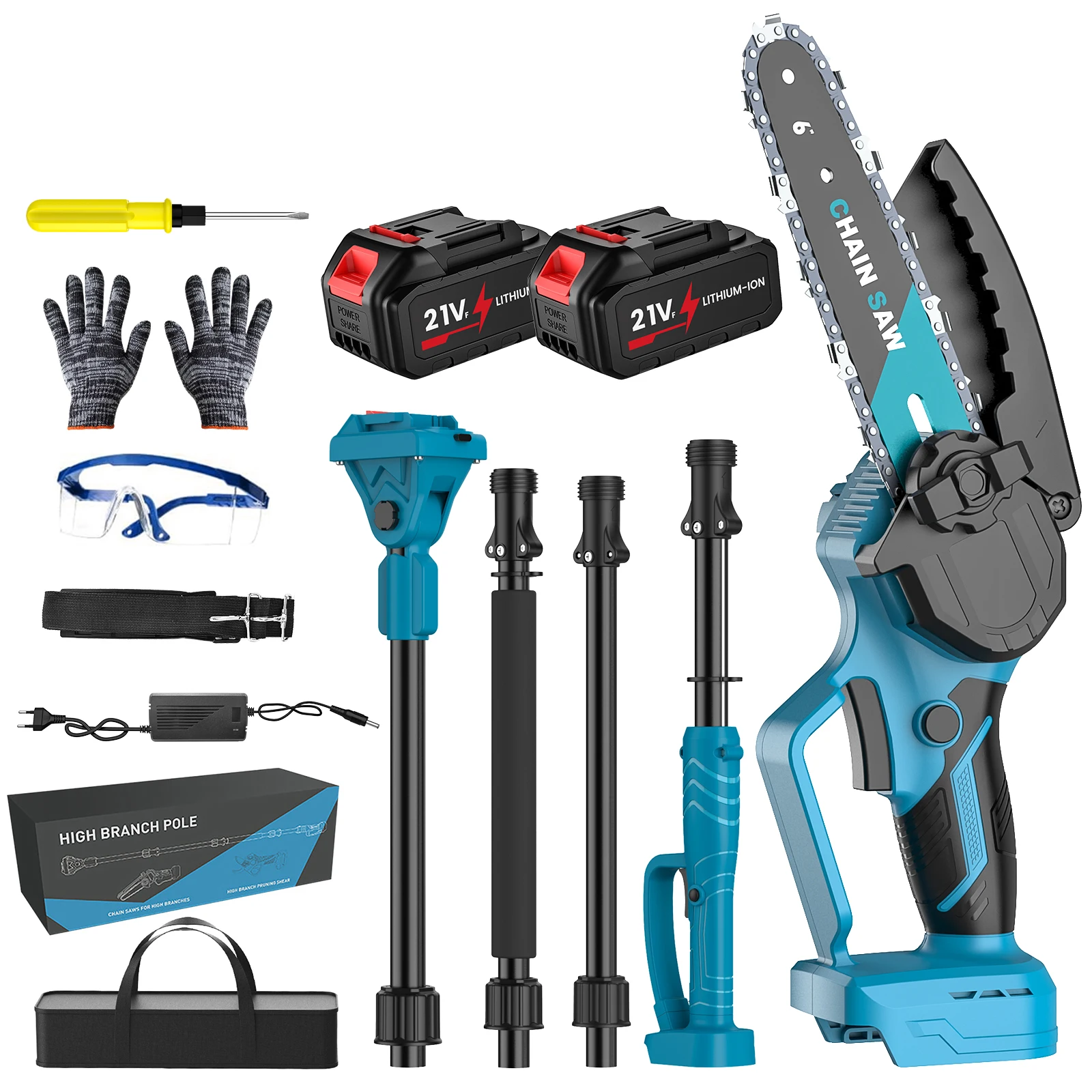 2-in-1 Kabelloses Hochreichweiten-Kettensägen-Set mit Lithium-Ionen-Akku, 6-Zoll Bürstenmotor-Kettensäge mit Teleskopstange, Geräuscharm für Garten und Holzschnitt