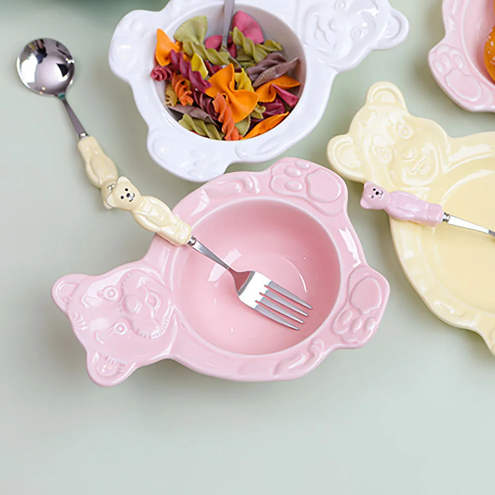 Bear cereal ball + Cuttler set home cafe bear plate bear ball/plate pink