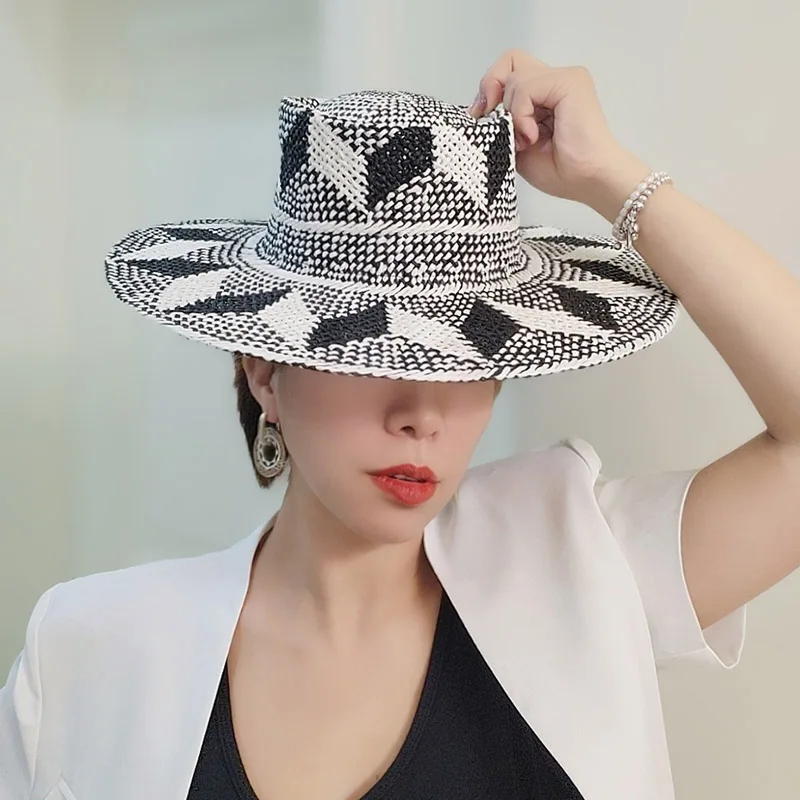 Black White Flower Pattern Wide Brim Panama Hats Handmade Straw Fedora Summer Sun Hat for Women Men Beach Travel Hat Adjustable