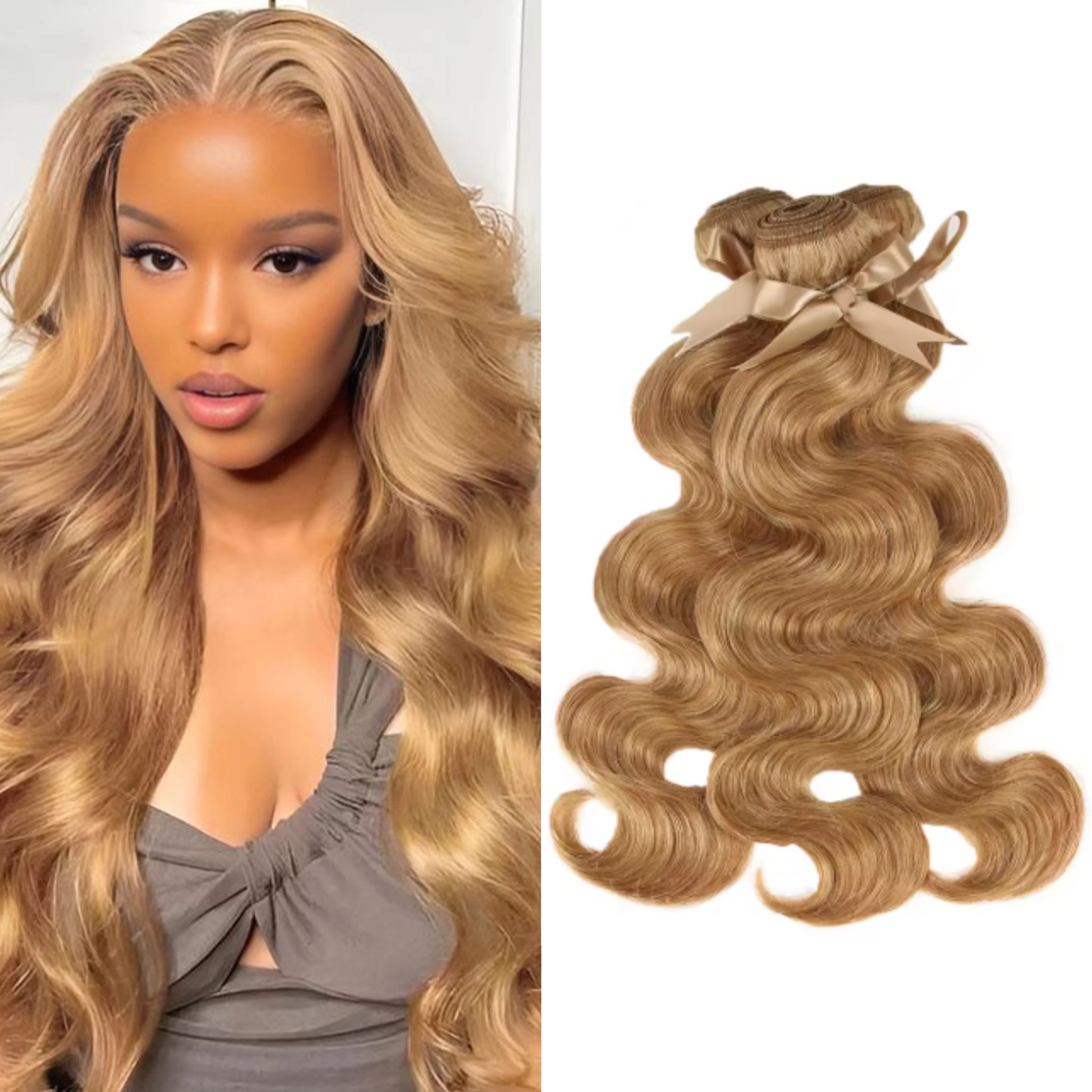 Gemlong1/2/3PC #27 Honey Blonde Body Wave Human Hair Bundles 100g/PC Brazilian Virgin Hair Double Weft Extensions Full End