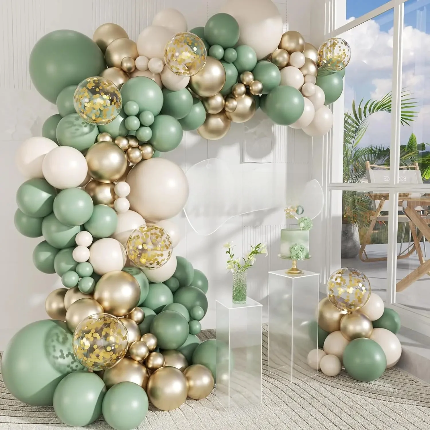 Ballonbogen-Set in Salbeigrün und Gold mit weißen Luftballons – Hochzeit, Babyparty und Geburtstagsdekoration für alle Feiern