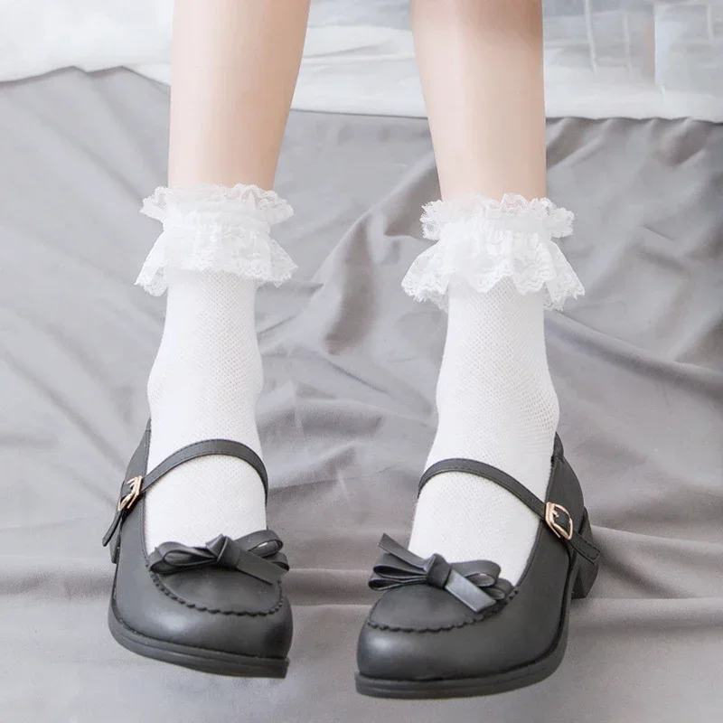Chaussettes en dentelle pour femmes, Style japonais Lolita Jk, blanc, noir, solide, kawaii, en coton, mignonnes, pour filles, pour Famale Navo жletiе