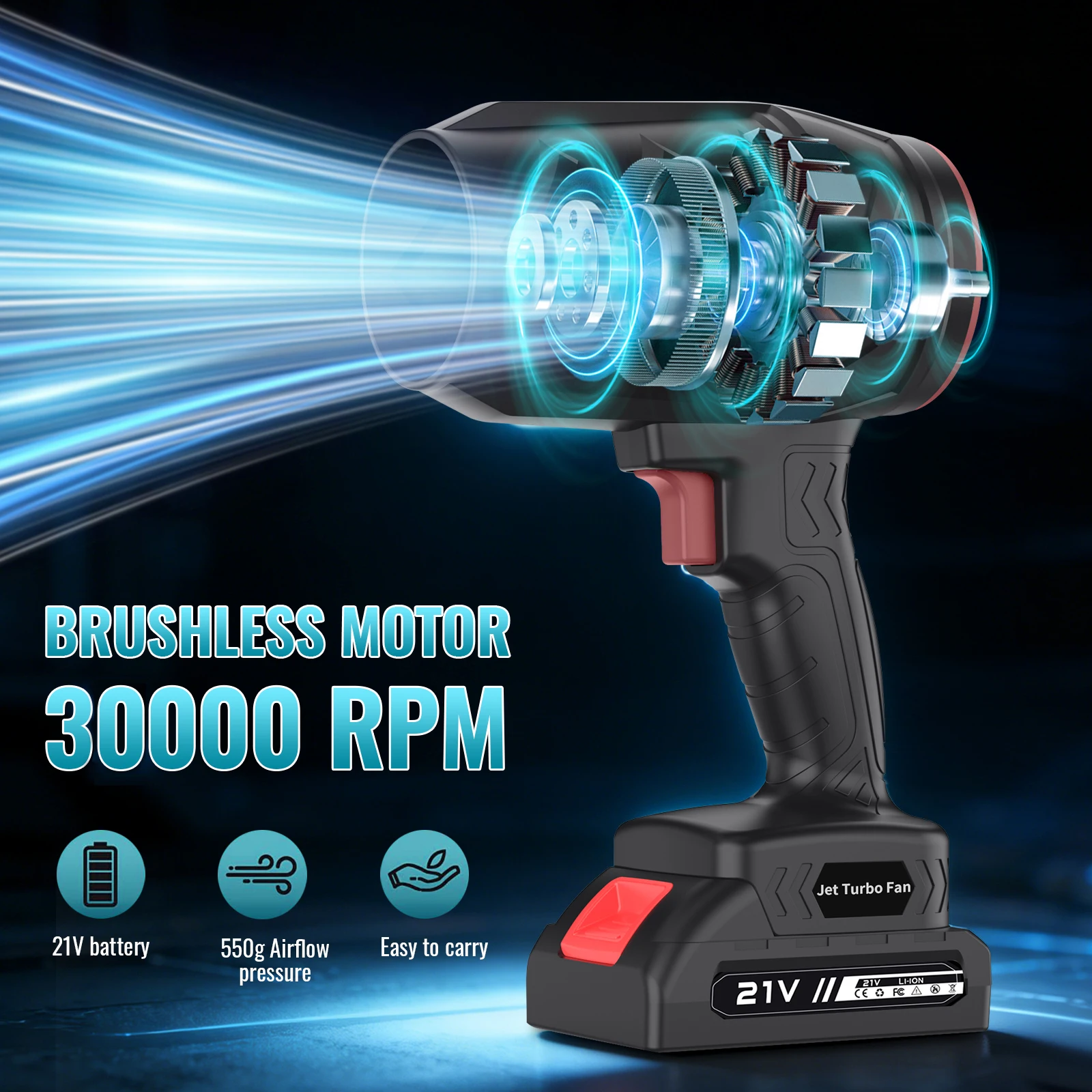 Soplador de aire eléctrico inalámbrico potente con 2 baterías, soplador de hojas inalámbrico para exteriores, para lavado de coches, eliminación de polvo, pistola de aire rotativa para lavado de coches, herramienta eléctrica portátil inalámbrica potente.