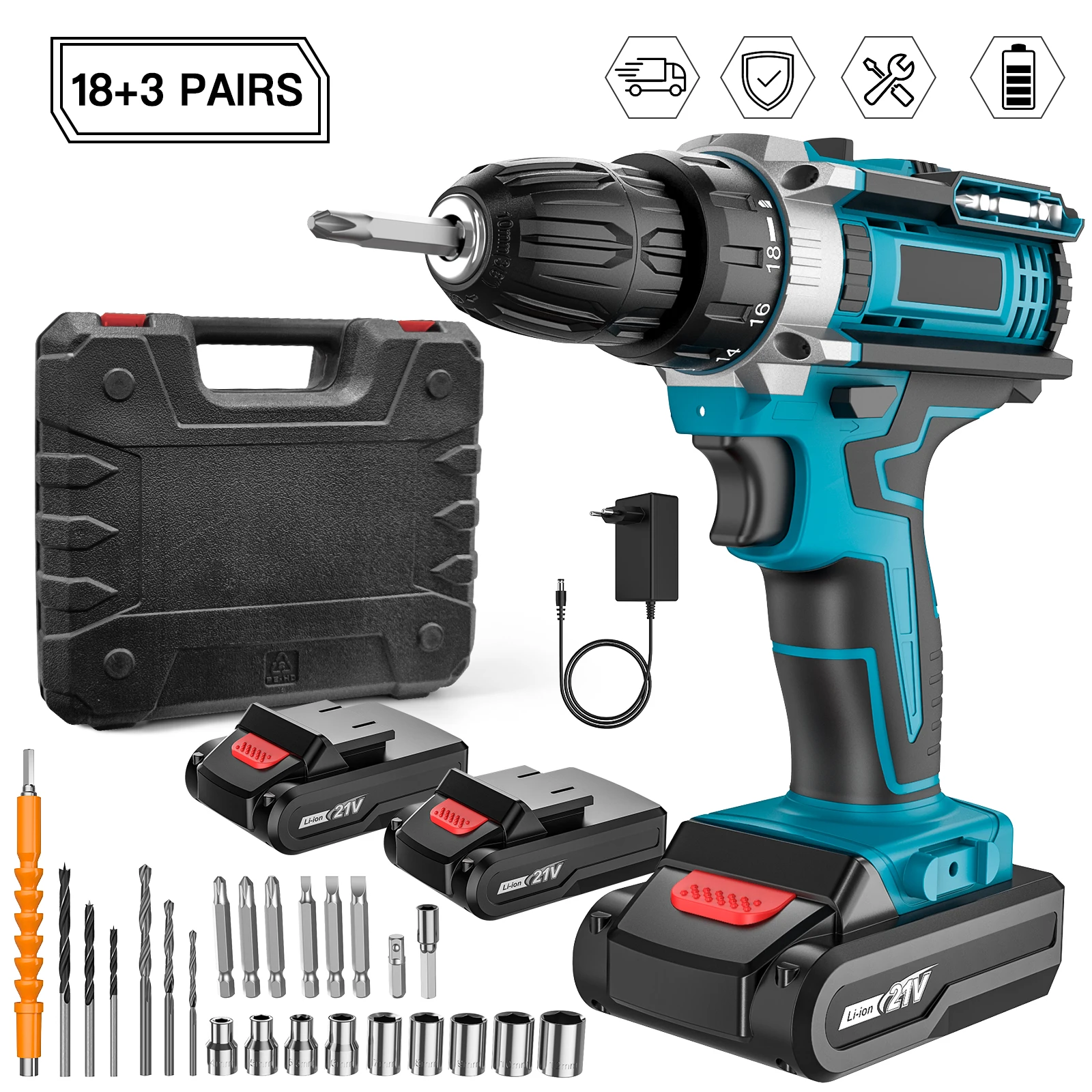 Destornillador de impacto inalámbrico, taladro de mano, herramienta eléctrica, 32 ajustes de torsión, destornillador eléctrico de 2 velocidades con 2 baterías