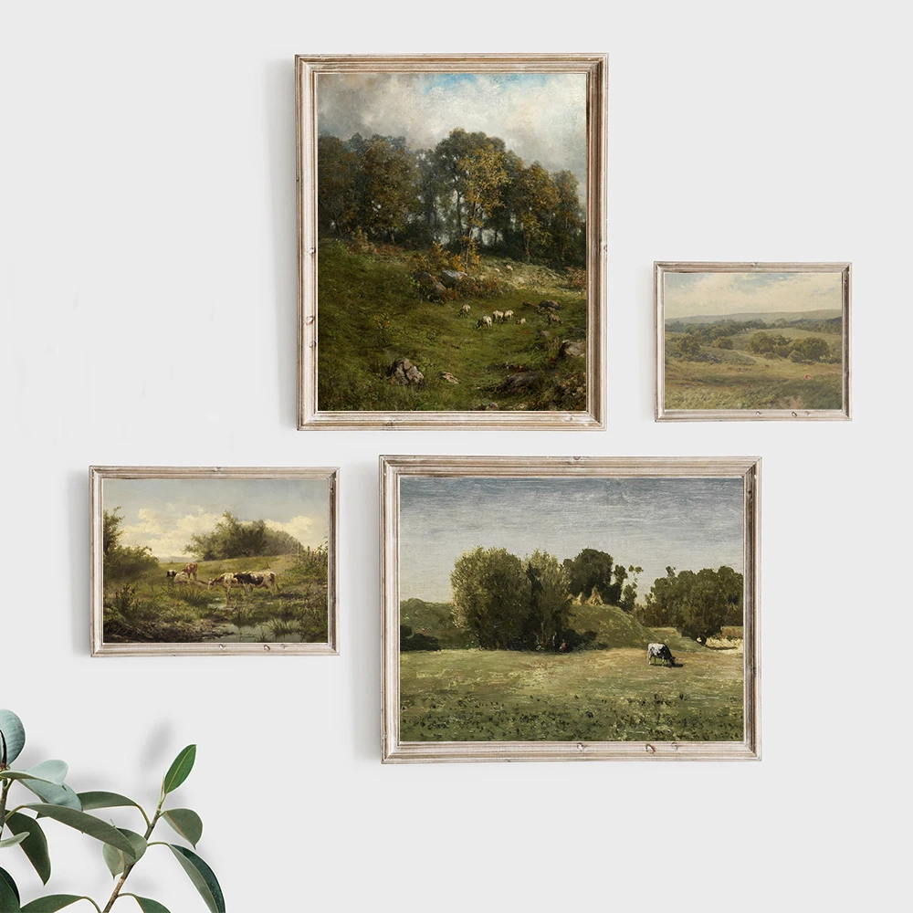 Meadow Cows Oil Painting Canvas Poster Vintage Country Landscape Art Print Farmhouse Wall Pictures for Living Room Home Decor