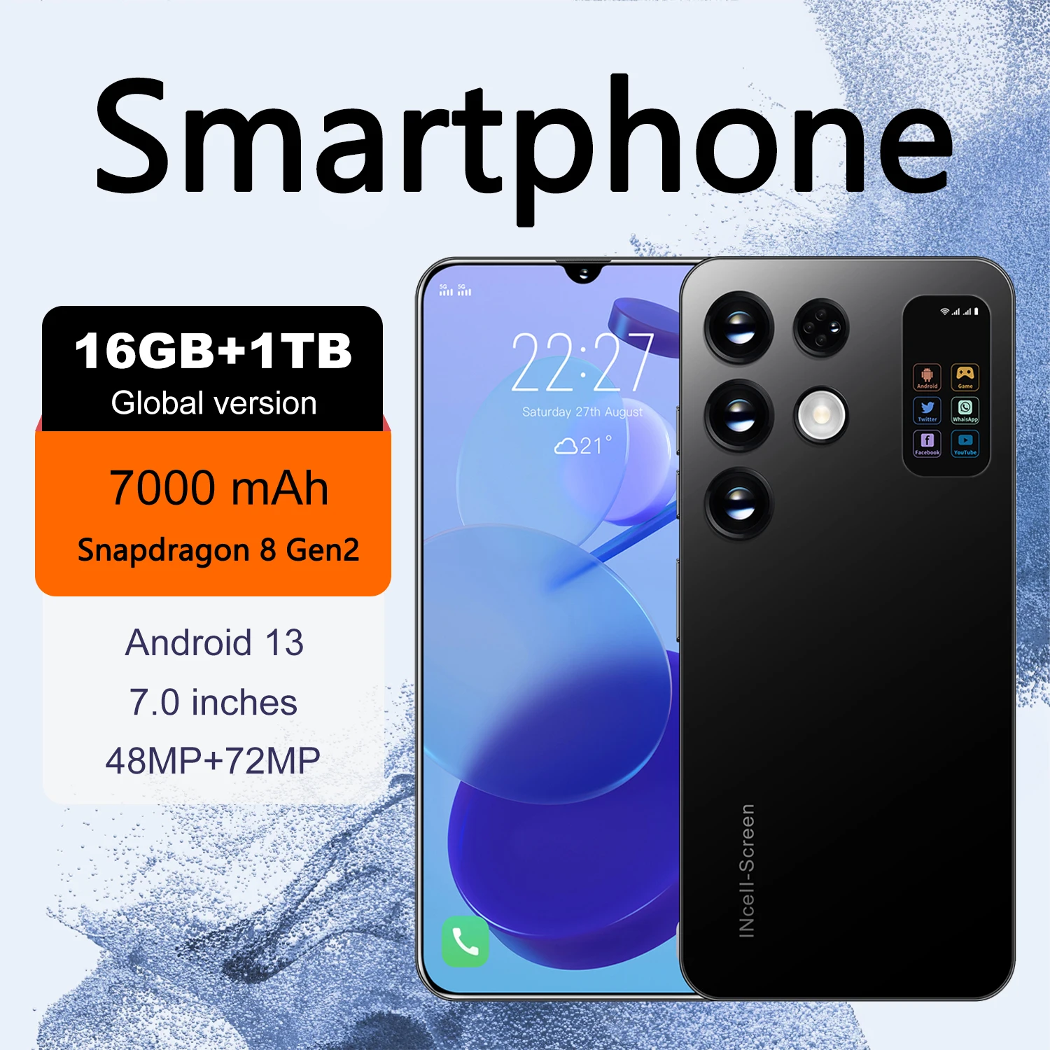 هاتف ذكي جديد Ultra 7.0 بوصة، 16 جيجابايت + 1 تيرابايت، الإصدار العالمي، 7000 مللي أمبير، شبكات 4G/5G، 48 ميجابكسل + 72 ميجابكسل، Android 13 شحن سريع