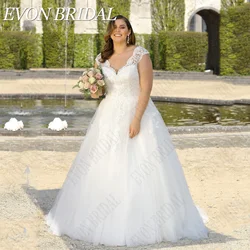 EVON BRIDAL Plus Size Lace Up Wedding Dresses Cap Sleeves Double V-Neck Tulle A-Line Bride Gowns Applique vestidos novias boda