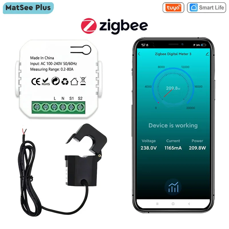 

Tuya Smart Life ZigBee Energy Meter 80A with Current Transformer Clamp KWh Power Monitor Electricity Statistics110V 240V 50/60Hz