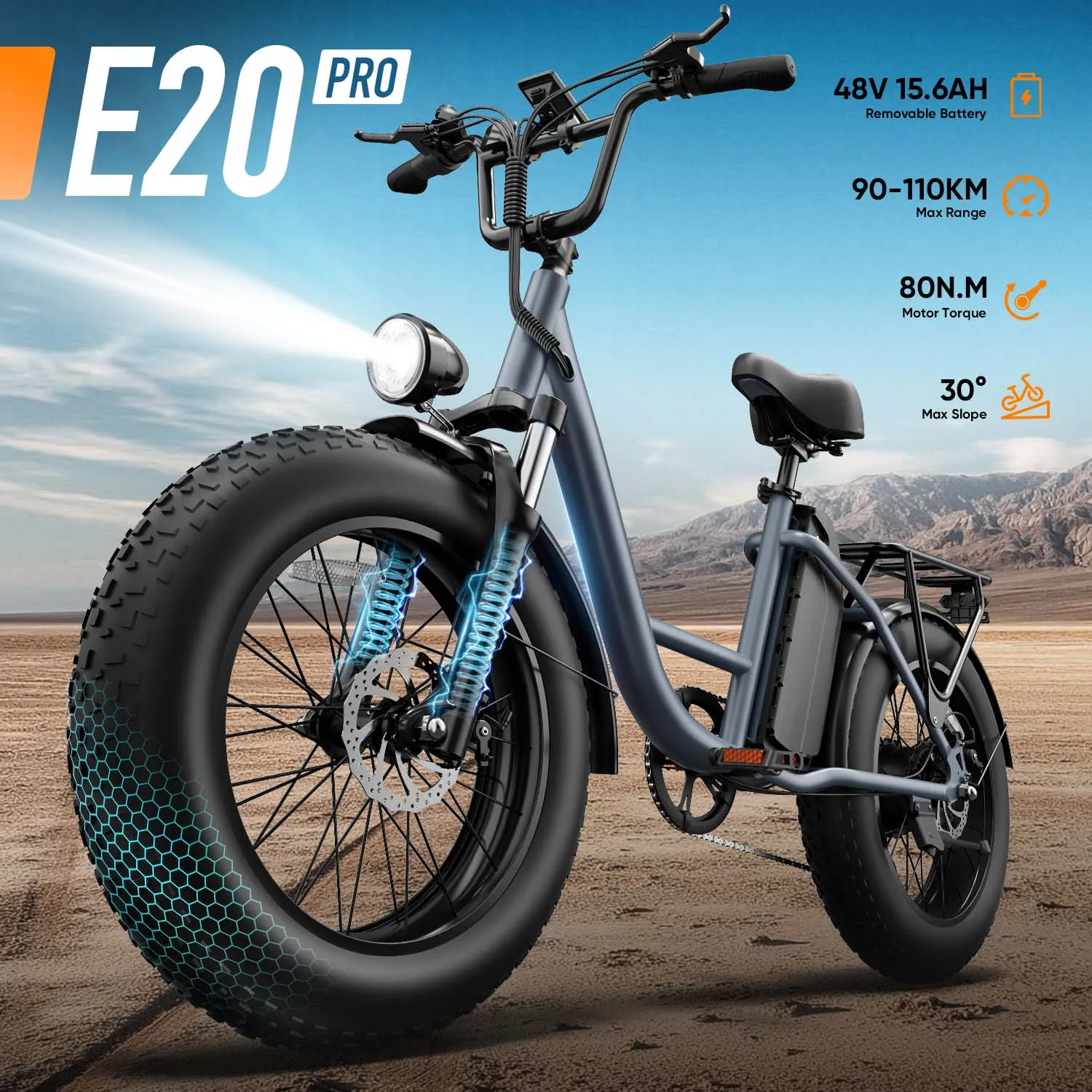 Image of Urlife E20 Pro E-Bike mit 20x4 Zoll Reifen, 48V herausnehmbarem LCD-Display, 7 Gängen, hydraulischen Scheibenbremsen, Elektrofahrrad für Erwachsene