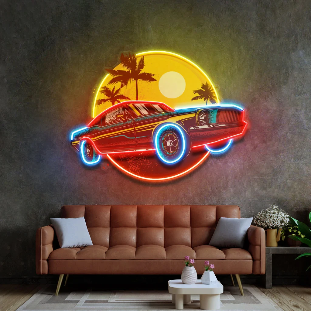 Tropical Vintage Car Neon Sign UV Print Blue Car Neon Game Room/Boy Room Decor Retro Car Bar Club Wall Decor Gift for Him