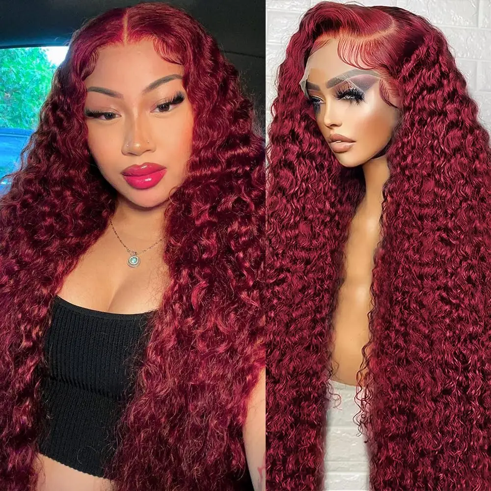 99J Burgundy 13x6 Lace Front Wigs Human Hair Deep Wave 13x4 HD Lace Frontal Wig Pre Plucked Wine Red Deep Curly Human Hair Wigs