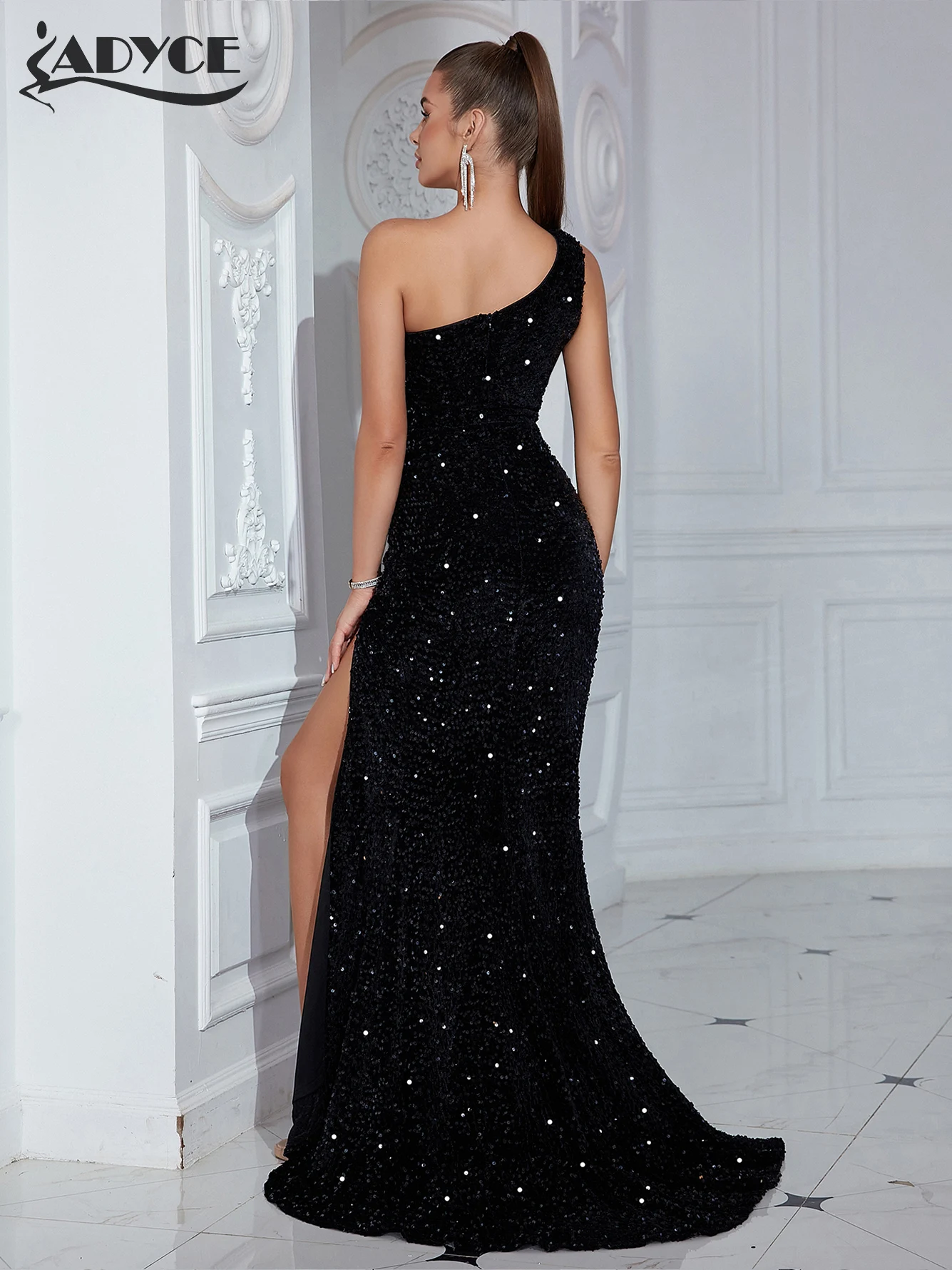 ADYCE 2024 New Summer One Shoulder High slit For Women Elegant Sequins Celebrity Evening Formal Dresses Sexy Bodycon Vestidos