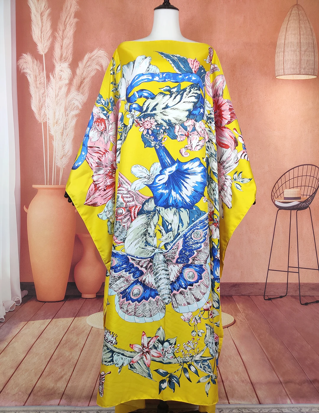 Kuwait Fashion Blogger Recommend New Printed Twill Silk Loose Kaftan Dress Traditional African Femme Summer  Robe for Lady