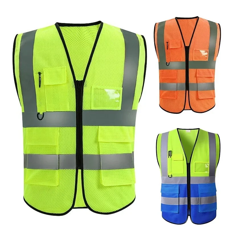 AliExpress Unisex Summer Safety Vest Security Sleeveless Construction Workwear Zipper With Multi-Pockets For Running Cycling Work