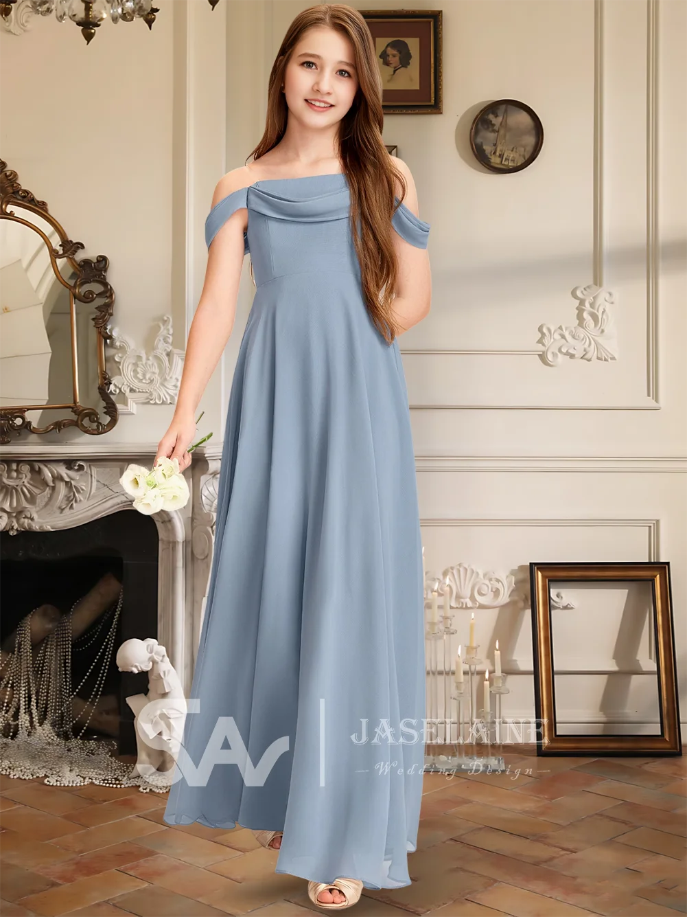 

A Elegant A-Line Off the Shoulder Floor-Length Chiffon Junior Bridesmaid Dress Flower Girl Dress Girls Party Wedding Formal Kids