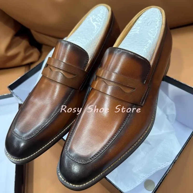 

Handmade Men's Leather Shoes Square Toe Slip On Fashion Gentlemen Loafers Flat Square Heel Business Daily Formal Suit Shoes