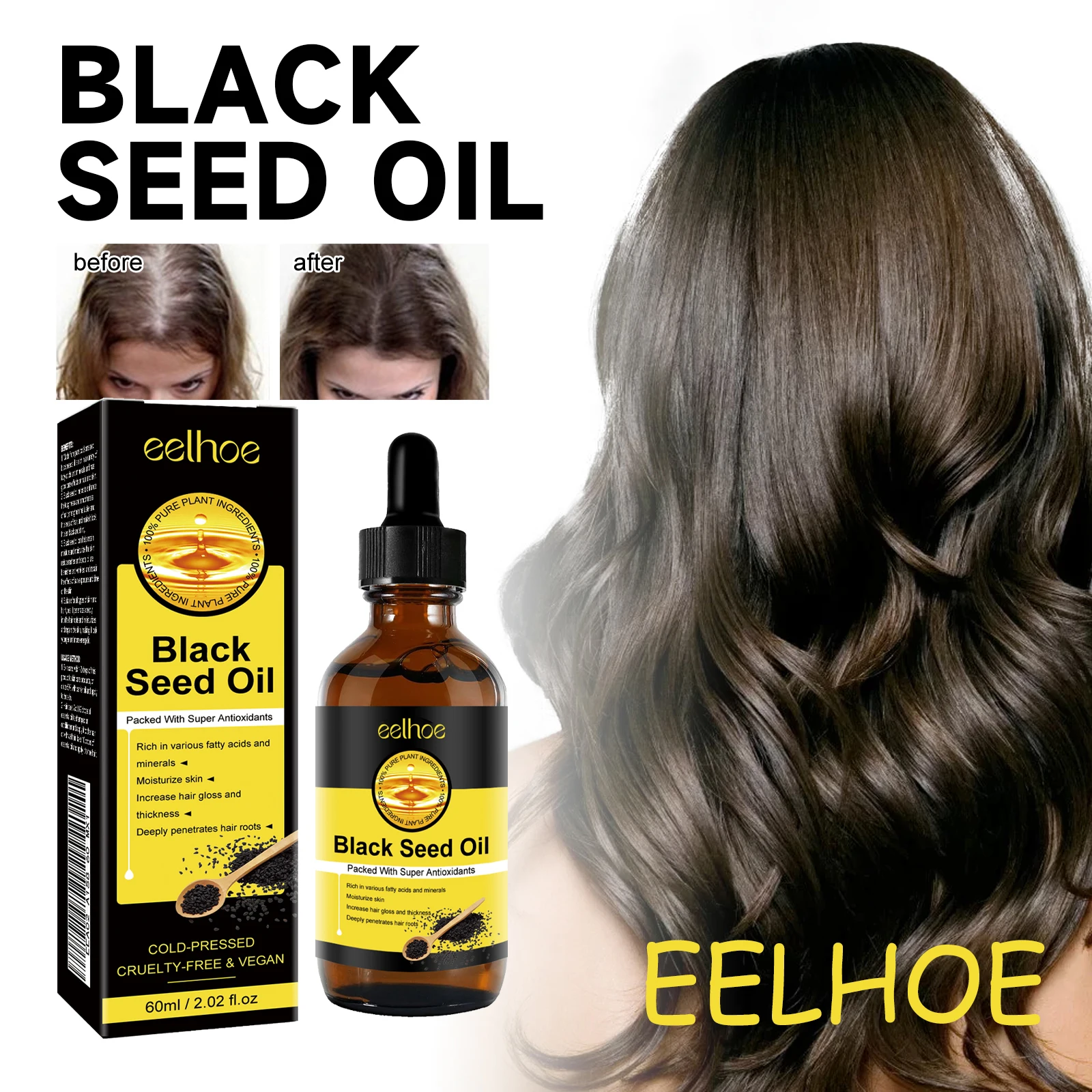

EELHOE Black Seed Oil Nourishing Scalp Repair Damaged Hair Prevent Hair Loss Strengthening Hair Roots Hydrating Hair Essence Oil