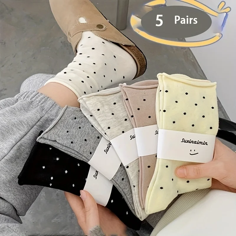 

[Мягкие носки] Женские носки до середины икры JM из 5 шт. | Мягкая дышащая ткань, разные нейтральные цвета в черно-белый горошек,