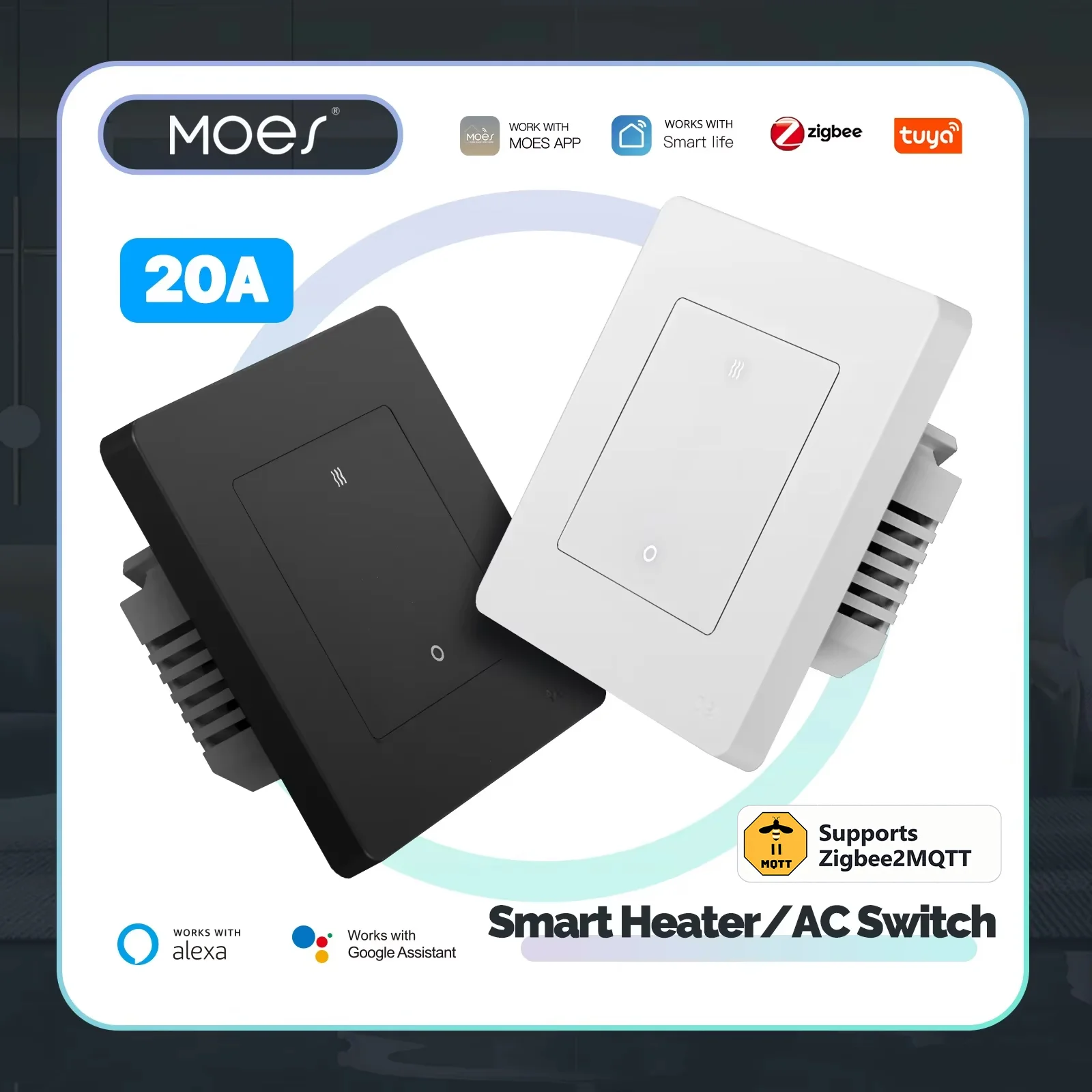 MOES Tuya 20A Zigbee2MQTT Smart Heater AC Switch High Load Electricity Monitor Double Pole App Remote Control Alexa Google