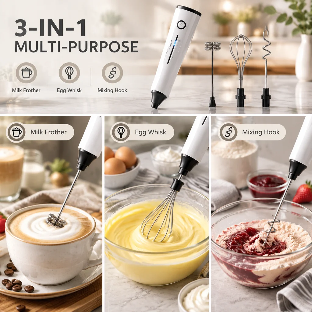 Espumador de leche eléctrico 3 en 1, portátil, para preparar espuma de café, con 3 velocidades, batidor de huevos, mini batidora para latte, cappuccino y matcha.