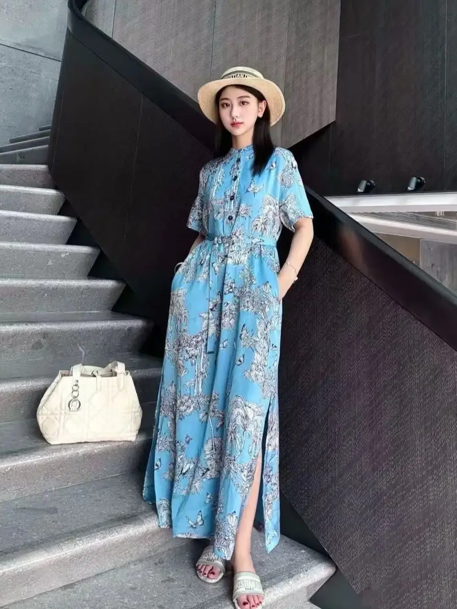 

Elegant bohemian print cotton short-sleeve slit dress